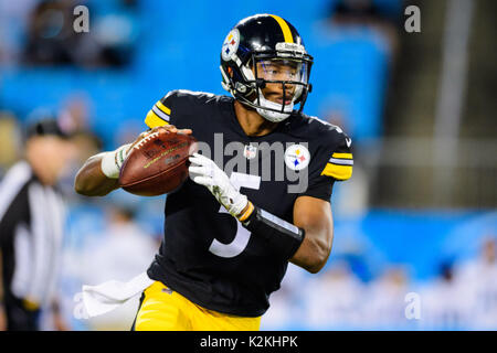 Charlotte, NC, USA. 31st Aug, 2017. Steelers quarterback Joshua Dobbs (5) during the NFL preseason football game between the Pittsburgh Steelers and the Carolina Panthers on Thursday August 31, 2017 in Charlotte, NC. Jacob Kupferman/CSM/Alamy Live News Stock Photo