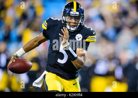 Charlotte, NC, USA. 31st Aug, 2017. Steelers quarterback Joshua Dobbs (5) during the NFL preseason football game between the Pittsburgh Steelers and the Carolina Panthers on Thursday August 31, 2017 in Charlotte, NC. Jacob Kupferman/CSM/Alamy Live News Stock Photo