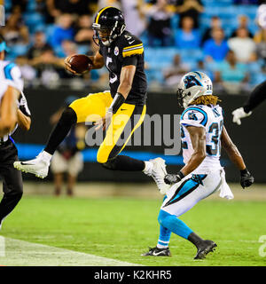 Charlotte, NC, USA. 31st Aug, 2017. Steelers quarterback Joshua Dobbs (5) during the NFL preseason football game between the Pittsburgh Steelers and the Carolina Panthers on Thursday August 31, 2017 in Charlotte, NC. Jacob Kupferman/CSM/Alamy Live News Stock Photo