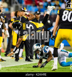 Charlotte, NC, USA. 31st Aug, 2017. Steelers quarterback Joshua Dobbs (5) during the NFL preseason football game between the Pittsburgh Steelers and the Carolina Panthers on Thursday August 31, 2017 in Charlotte, NC. Jacob Kupferman/CSM/Alamy Live News Stock Photo