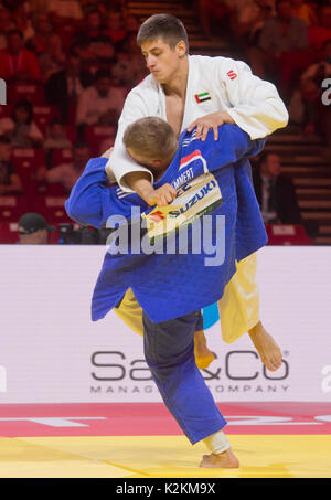 Budapest, Hungary. 01st Sep, 2017. Czech judoka David Klammert (blue dress) and judoka Mihail Marchitan from UAE in action during the match of the category -90 kg men, 2nd round, within Suzuki World Judo Championships 2017 in Budapest, Hungary, on September 1, 2017. Credit: Vit Simanek/CTK Photo/Alamy Live News Stock Photo