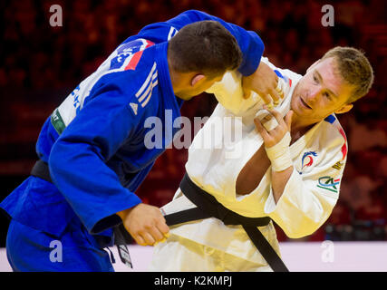 Budapest, Hungary. 01st Sep, 2017. French judoka Axel Clerget (white dress) and Australian judoka Sebastian Temesi in action during the match of the category -90 kg men, 2nd round, within Suzuki World Judo Championships 2017 in Budapest, Hungary, on September 1, 2017. Credit: Vit Simanek/CTK Photo/Alamy Live News Stock Photo