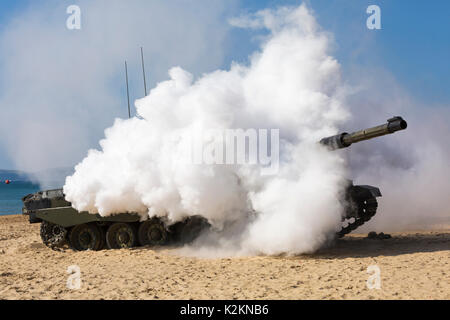 Bournemouth, UK. 1st Sept 2017. The second day of the tenth anniversary of the Bournemouth Air Festival. The Army entertain the crowds with their armoured vehicle display - smoke billowing around chieftain tank. Credit: Carolyn Jenkins/Alamy Live News Stock Photo