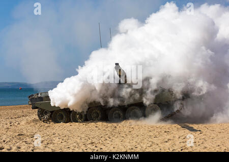 Bournemouth, UK. 1st Sept 2017. The second day of the tenth anniversary of the Bournemouth Air Festival. The Army entertain the crowds with their armoured vehicle display - smoke billowing around chieftain tank. Credit: Carolyn Jenkins/Alamy Live News Stock Photo