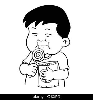 Hand drawing of Fat boy with snack and lollipop isolated on white background. Black and White simple line Vector Illustration for Coloring Book - Line Stock Vector