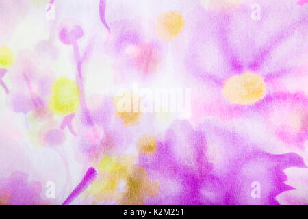 Beautiful polyester fabric with floral pattern of purple and yellow wildflowers on white background. Stock Photo