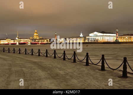 The view on the Strelka of Vasilyevsky island from rabbit island winter night in Saint Petersburg Stock Photo