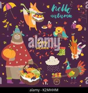 Set of cute autumn cartoon characters, plants and food Stock Vector