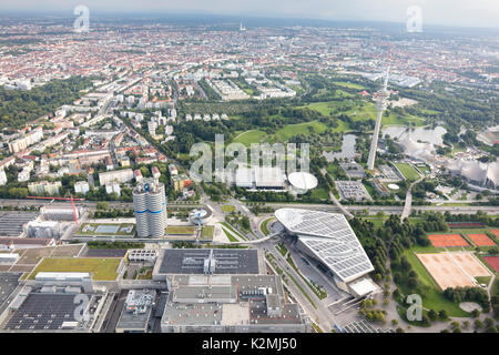 aerial view of Munich, Germany with BMW World, Headquarters and Museum, Am Riesenfeld, in the foreground Stock Photo