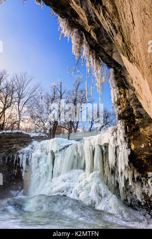 Ice formation and flowing water at Minneopa Falls in Mankato, MN. Stock Photo