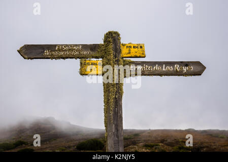 Moss-covered signpost, wooden sign, inscription El Sabinal Mirador de Bascos and Ermita de los Reyes Stock Photo