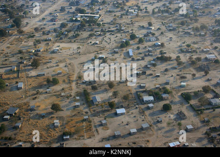 Aerial view of tin shacks in the city of Maun, on the edge of the Okavango Delta in Botswana Stock Photo