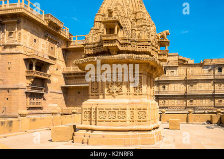 Horizontal picture of hindu temple carved yellow sandstone architecture in Jaisalmer, known as Golden City in India. Stock Photo