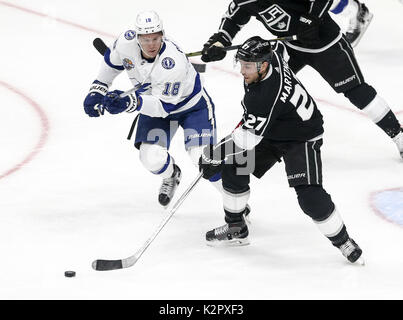 Los Angeles, California, USA. 9th Nov, 2017. Los Angeles Kings defenseman Alec Martinez (27) vies with Tampa Bay Lightning forward Ondrej Palat (18) during a 2017-2018 NHL hockey game in Los Angeles on November 9, 2017. Tampa Bay Lightning won 5-2 Credit: Ringo Chiu/ZUMA Wire/Alamy Live News Stock Photo