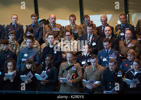 London, UK. 10th Nov, 2017. The Annual Service of Remembrance at City Hall was attended by Mayor of London Sadiq Khan with Jennette Arnold OBE AM, Chair of the London Assembly, Members of Parliament, London Assembly Members, Greater London Authority staff, representatives from London Government and public service organisations, and members of the Armed Forces, to commemorate those who served and lost their lives in the two world wars and other conflicts. Credit: Mark Kerrison/Alamy Live News Stock Photo