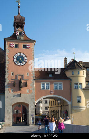 The Bridge Tower (Bruecke Turm) guards the Old Town or Altstadt of Regensburg, Bavaria, Germany Stock Photo