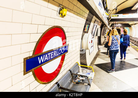 London Underground sign, London Underground Waterloo sign, Waterloo underground station sign, Waterloo underground station, Waterloo tube station, UK Stock Photo