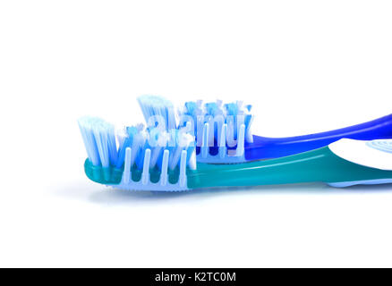 blue plastic toothbrush, the top view, Composition of two toothbrushes Stock Photo