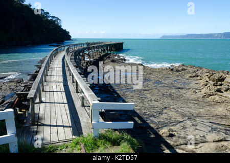 Old wooden wharf, Hicks Bay, Ohiwa, near Opotiki, Bay Of Plenty, North Island, New Zealand Stock Photo