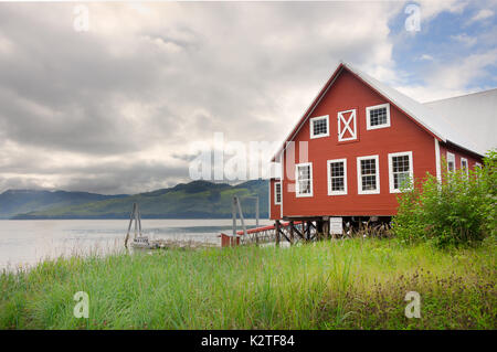 Icy Strait Point, Hoonah, Alaska, USA - July 31th, 2017: The Fish House and coffee shop on a wooden platform. Stock Photo