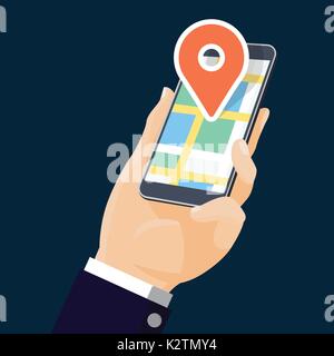 Hand holding smartphone with mobile gps navigation and pin icon on screen-Flat design vector illustration Stock Vector