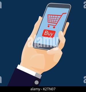 Businessmen Holding Smartphone apps for shopping online-Flat design vector illustration Stock Vector