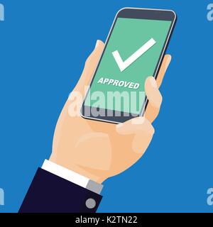 Businessmen Holding smartphone. Mobile phone with white whiite check mark and text; Approved. Success concept-Flat design vector illustration Stock Vector