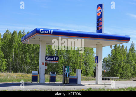 MIETOINEN, FINLAND - JUNE 3, 2017: Gulf unmanned gasoline filling station in Mietoinen on a sunny day of summer. Since 2008, Gulf petrol stations are  Stock Photo
