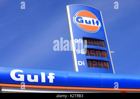 MIETOINEN, FINLAND - JUNE 3, 2017: The iconic Gulf fuel station sign with gas and diesel prices against blue sky at the Gulf petrol station of Mietoin Stock Photo