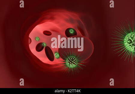 Bacteria with red blood cells. 3D rendering Stock Photo