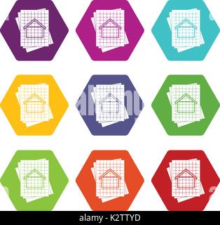 House blueprint icon set color hexahedron Stock Vector
