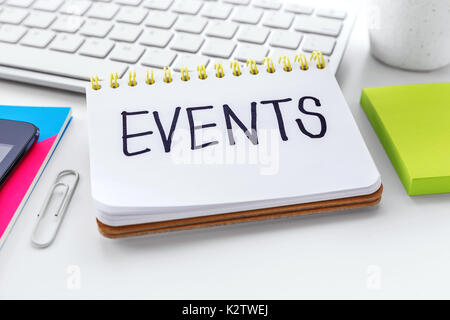 Events word on notebook with computer keyboard for event planning concept Stock Photo