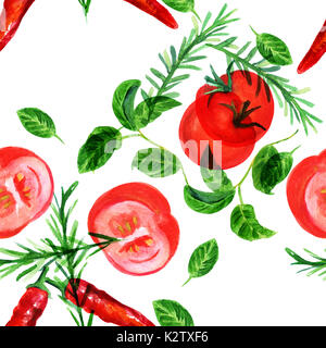 A seamless background pattern with rustic style watercolor drawings of a tomato, basil leaves, rosemary twigs, and a red hot chili pepper Stock Photo