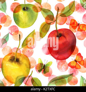 A seamless background pattern with watercolor drawings of red, green, and golden yellow apples, butterflies, and abstract dots, drawn by hand Stock Photo