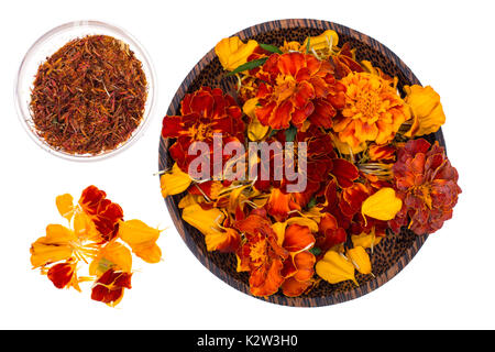 Flowers, petals and seeds of marigolds. Studio Photo Stock Photo