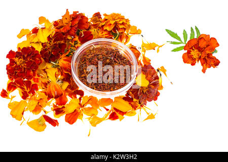 Flowers, petals and seeds of marigolds. Studio Photo Stock Photo