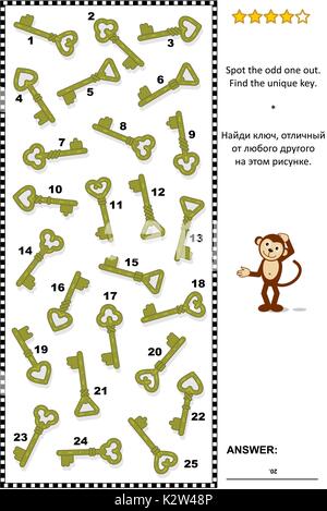 Visual puzzle: Spot the odd one out. Find the unique decorated key. Answer included. Stock Vector