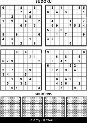 Four sudoku puzzles of comfortable (easy, yet not very easy) level, suitable for large print books, answers included. Set 7. Stock Vector
