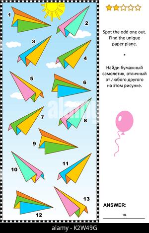 Visual puzzle: Spot the odd one out. Find the unique paper plane. Answer included. Stock Vector