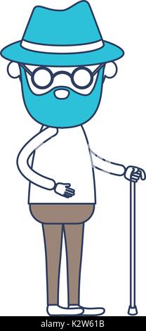 faceless caricature full body bearded elderly man with walking stick in clothes with hat and glasses in color section silhouette Stock Vector