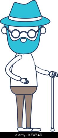 faceless caricature full body elderly bearded man with walking stick in clothes with hat and glasses in color section silhouette Stock Vector