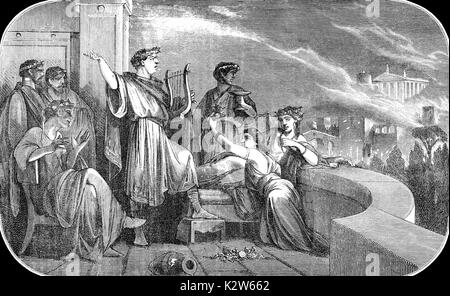 Roman Emperor Nero Claudius Caesar and the Great Fire of Rome, 64 AD Stock Photo