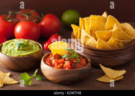 mexican guacamole and salsa dip, nachos tortilla chips Stock Photo