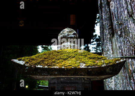 Mossy stone lantern with close-up detailed view Stock Photo