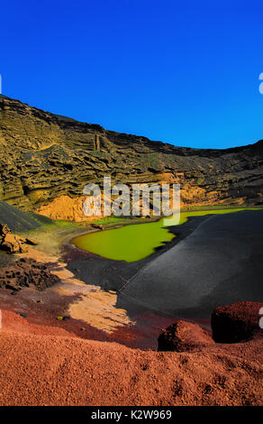 El Golfo, Lago de los Clicos, Charco Verde, Green Lagoon, Island Lanzarote, Canary Islands. Stock Photo
