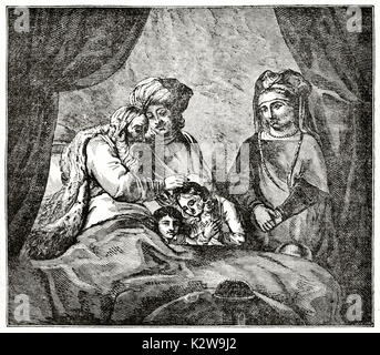 Old engraved reproduction of a painting depicting the Blessing of Jacob. Created by Jackson after Rembrandt, published on  Penny Magazine, London, 183 Stock Photo