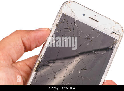 Paris, FRANCE - August 26, 2017: Isolated close up of an iphone 6S of the mark Apple Inc. whose screen is broken as a result of a violent fall Stock Photo