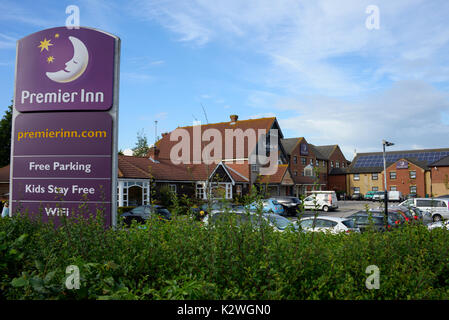 Premier Inn near Southend Airport, Thanet Grange, Southend on Sea, Essex. Strawberry Field. Motel, hotel and Beefeater restaurant Stock Photo