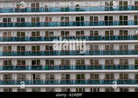 Close up of cabins on starboard side of Regal Princess cruise ship as it is moored at quay in Oslo, Norway. Stock Photo