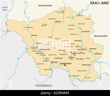 Map of the state of Saarland with the most important cities Stock Vector